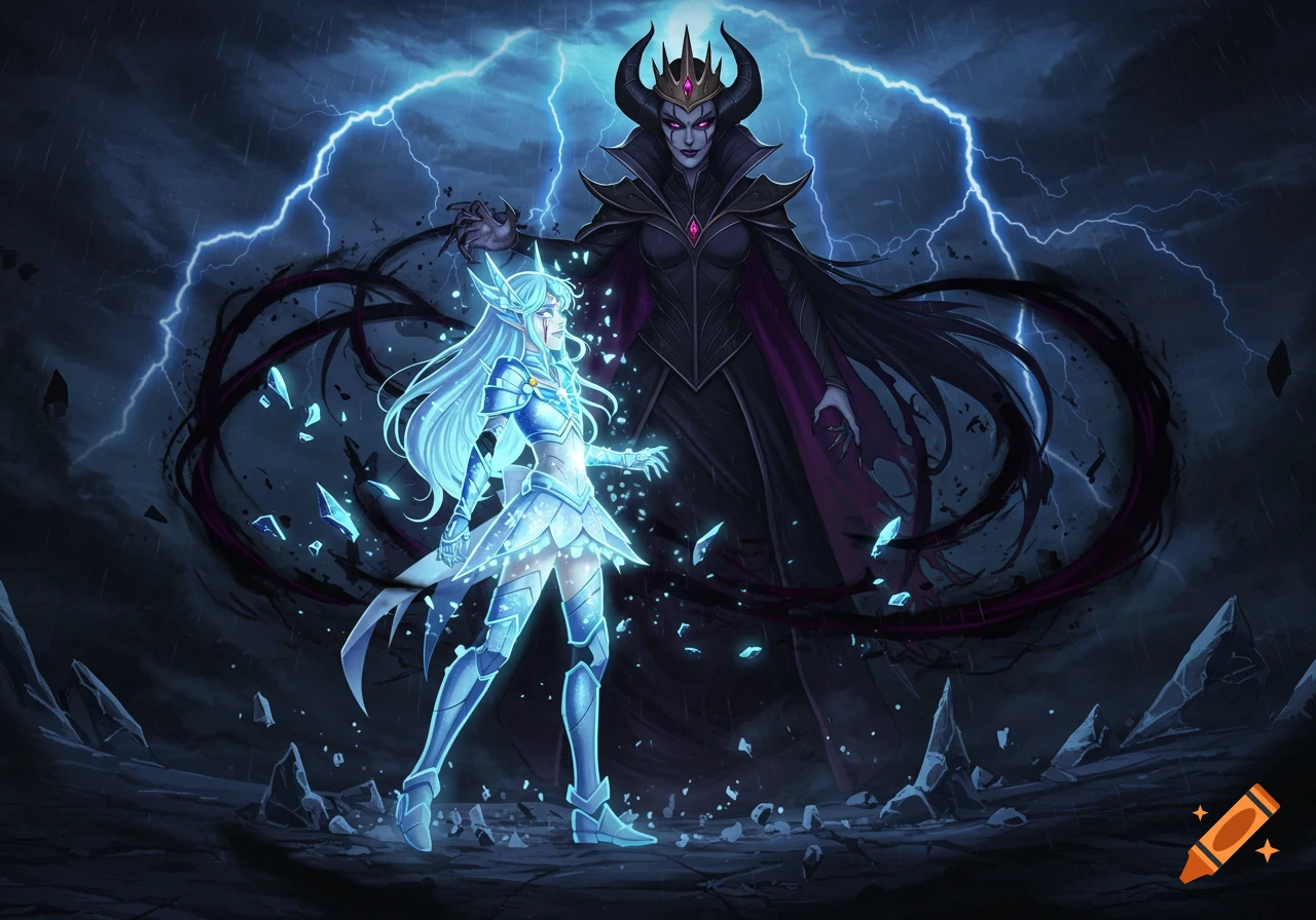 A dark villain queen looms over a glowing blue magical girl, surrounded by lightning and shattered energy in an anime style.