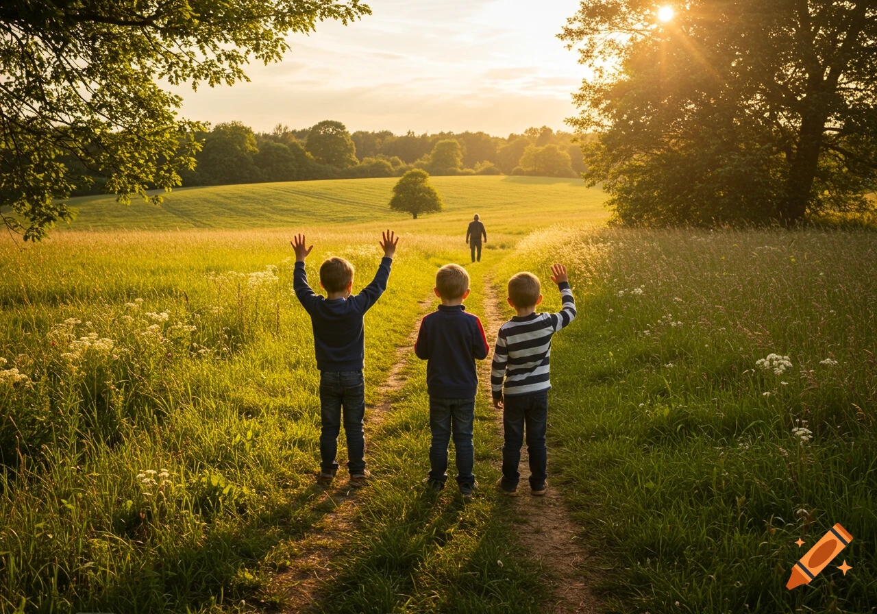 Three boys wave to a man walking away on a path in a sunlit grassy field at sunset, viewed from behind.