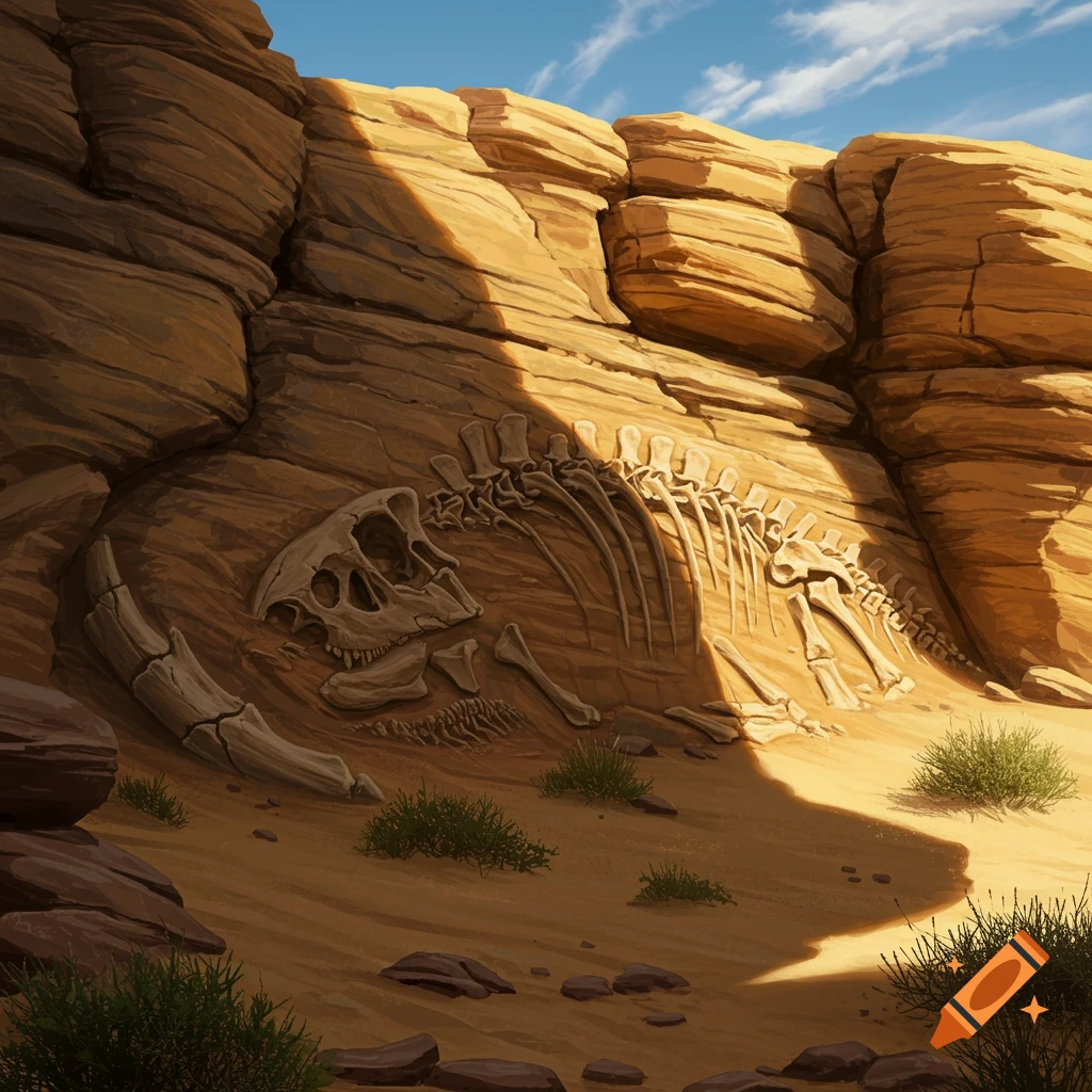 Dinosaur skeleton fossil partially uncovered in a sunlit desert canyon, embedded in rock formations under a blue sky.