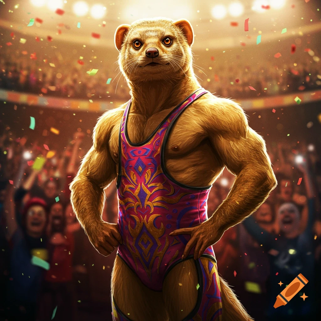 A muscular mongoose wrestler in a pink and gold patterned leotard stands confidently in a brightly lit arena with confetti falling and a cheering crowd.