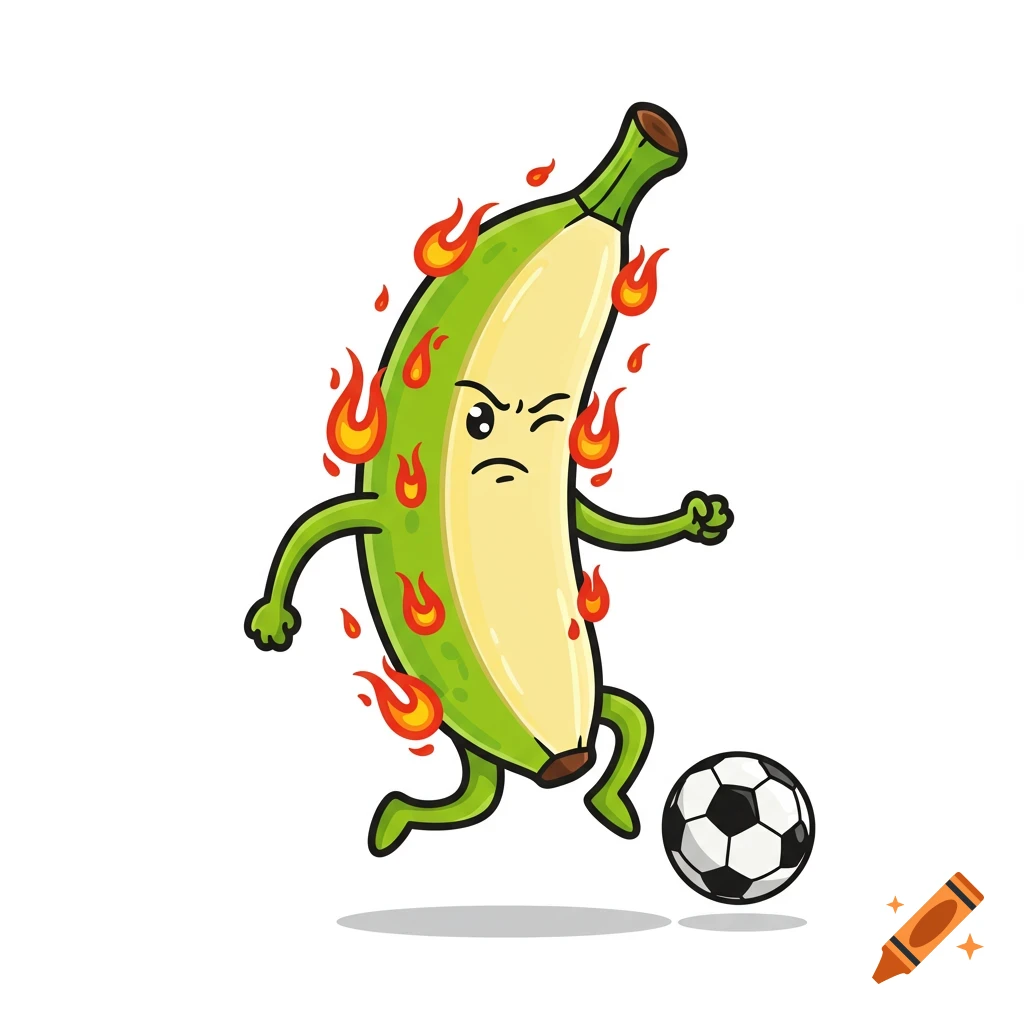 A cartoon green and yellow banana on fire, dribbling a soccer ball.