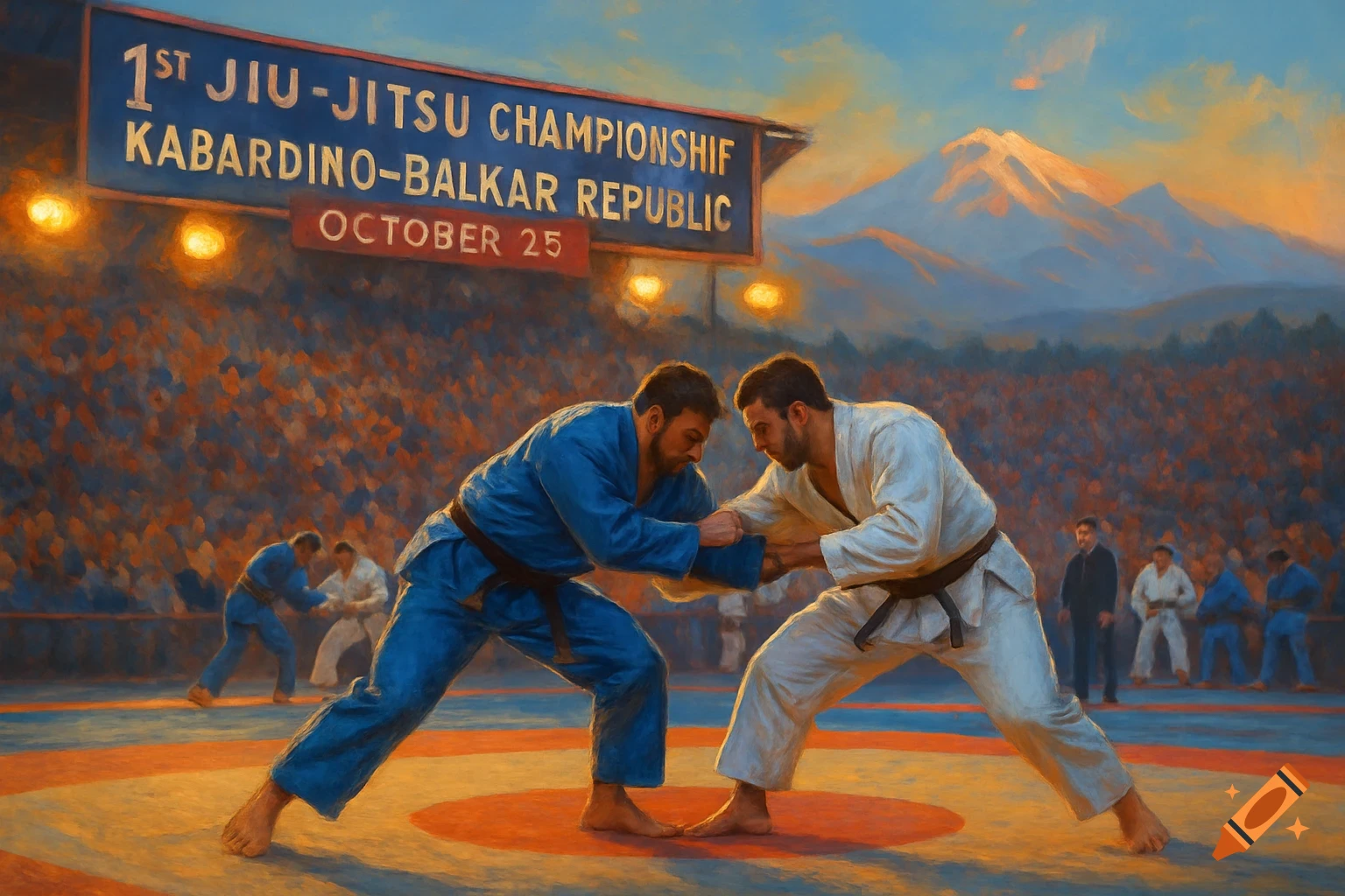 Two men in blue and white kimonos grapple on a mat, with a large crowd, mountains, and a championship sign in the background, in a painterly style.