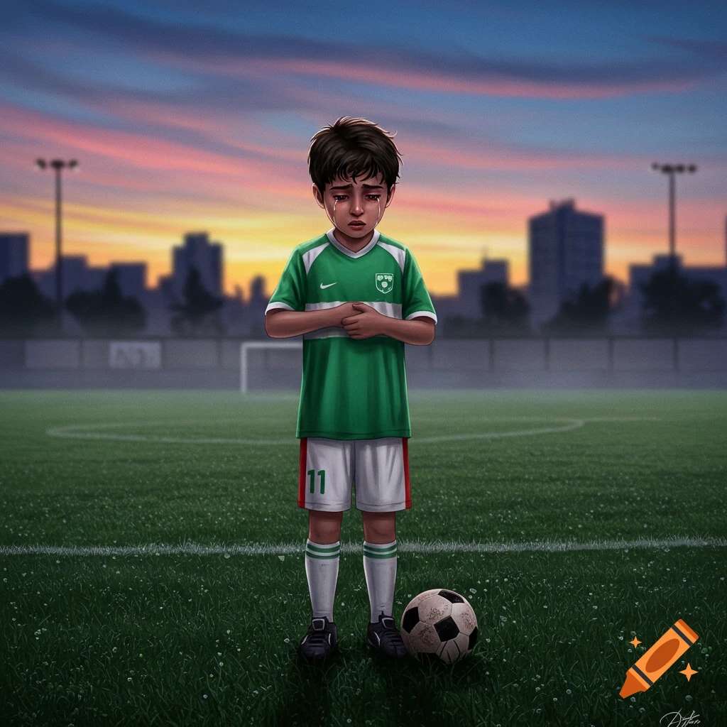 Crying boy in a green football uniform stands on a soccer field at sunset, stylized illustration.
