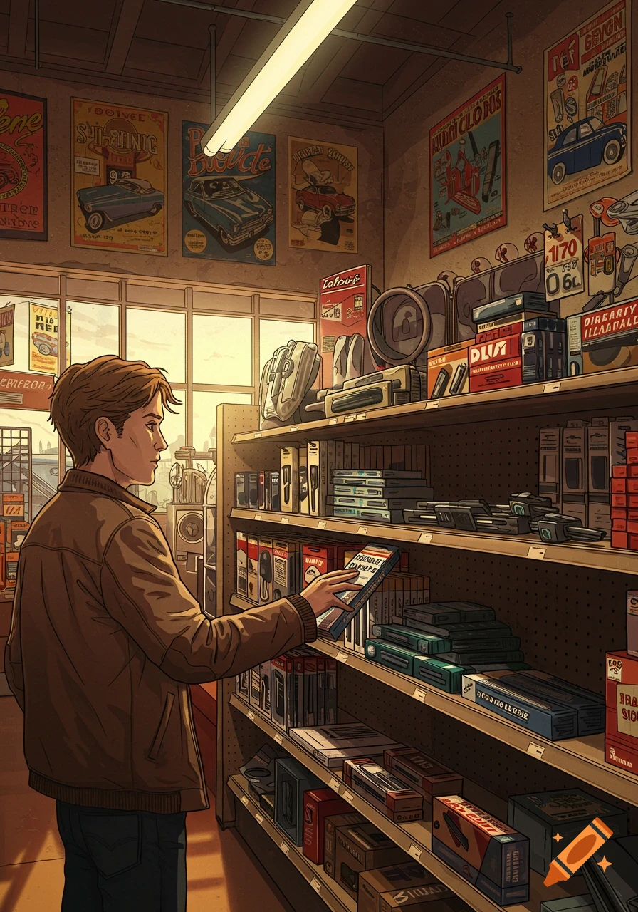 An illustrated image of a young man in a brown jacket looking at products on a shelf in a store, with vintage-style posters on the wall.
