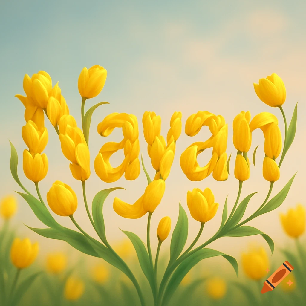 The name 'Nayan' formed by vibrant yellow tulips on green stems, against a soft blue and peach sky.