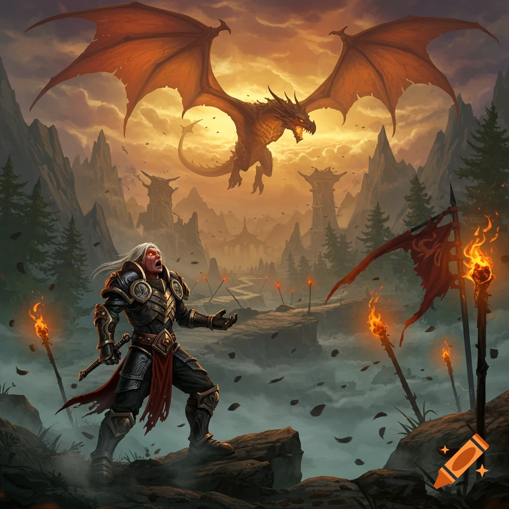 A white-haired warrior in dark armor shouts in fear as a red dragon flies over a fantasy landscape with mountains and torches at sunset.