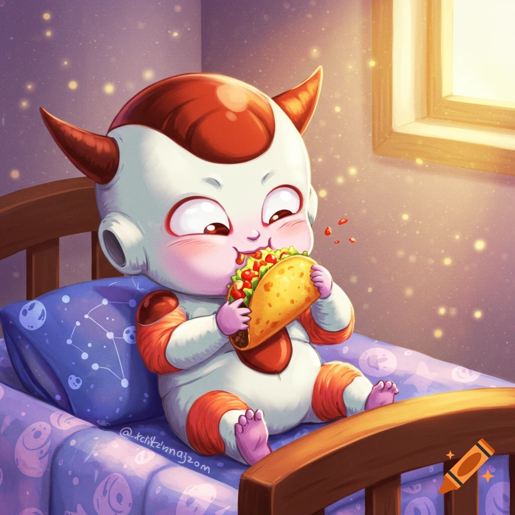 A cute baby Frieza with red horns eats a taco while sitting in a crib with a blue and purple starry sheet.