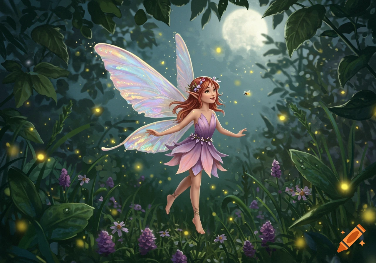 A cute fairy with iridescent wings and a purple dress floats in a magical moonlit forest with fireflies and flowers, illustration.