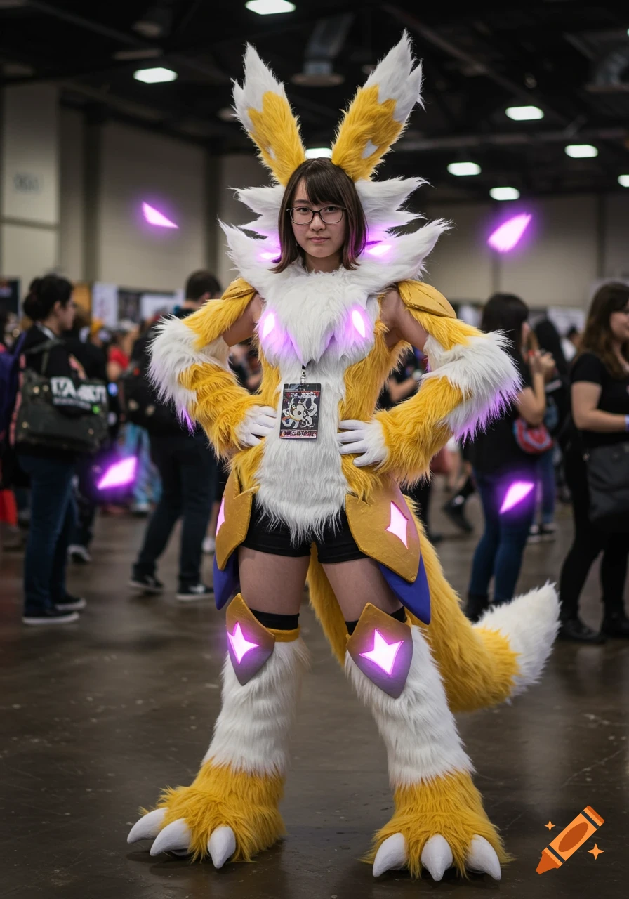 A person in a detailed yellow, white, and purple Renamon costume with glowing accents and large furry ears, posing at a convention.