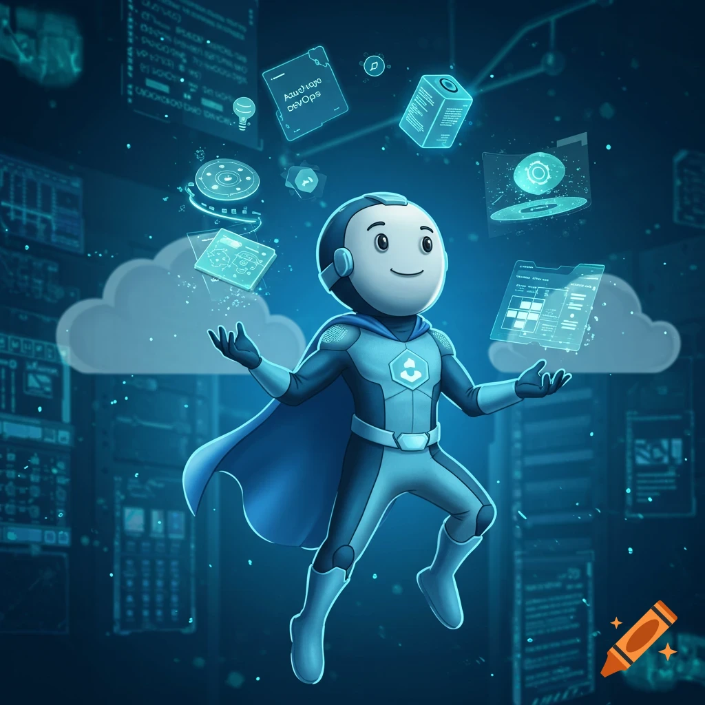 A cartoon superhero mascot in a blue suit and cape, representing Azure DevOps, floats among holographic screens with data and code against a dark blue background of server racks.