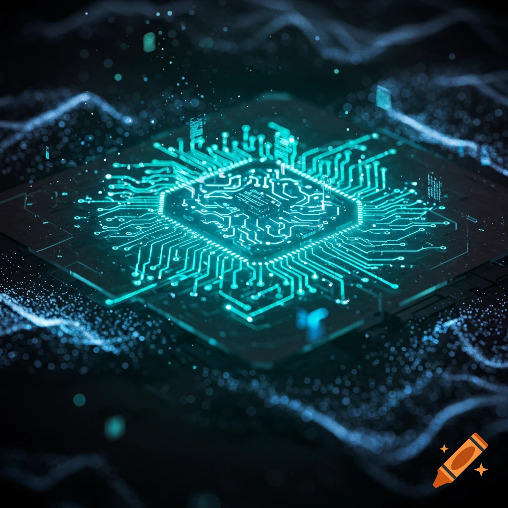 A glowing teal microchip or circuit board with intricate pathways and sparkling data points, symbolizing artificial intelligence.