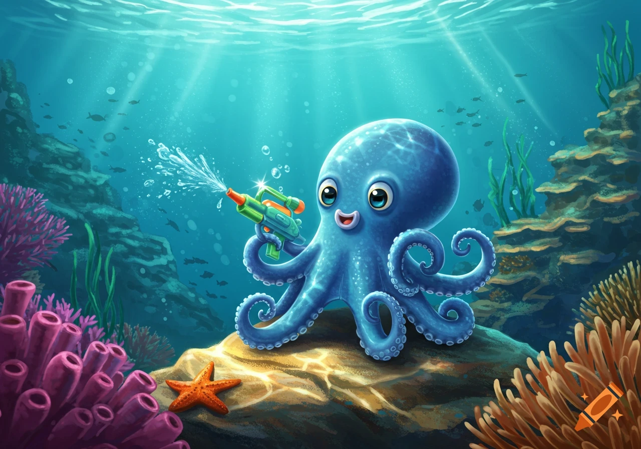 A cute blue octopus holding a green toy water gun and squirting water underwater, surrounded by coral reefs and fish in a cartoon style.