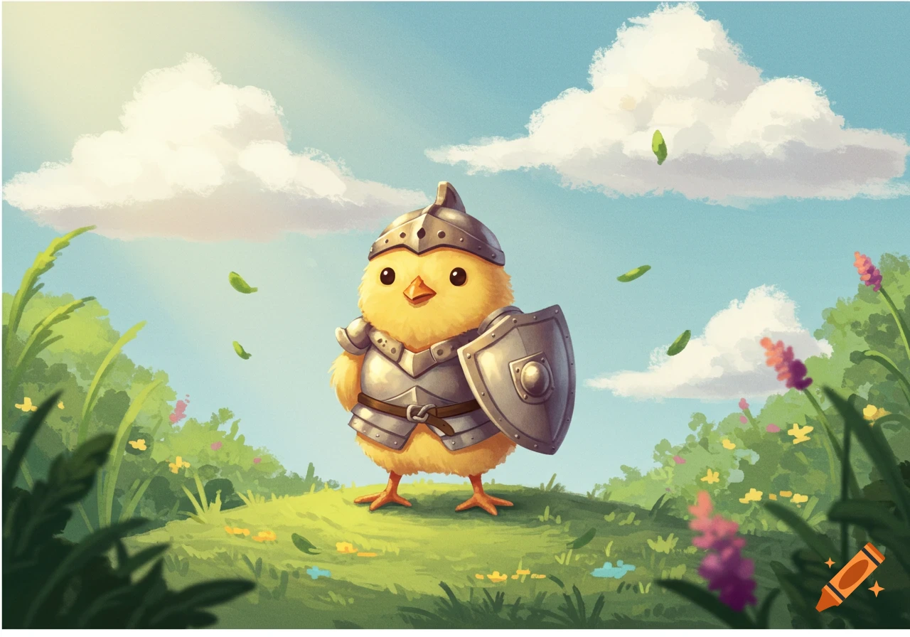 A fluffy yellow chick in knight armor and shield stands on a grassy hill under a blue sky, illustration style.