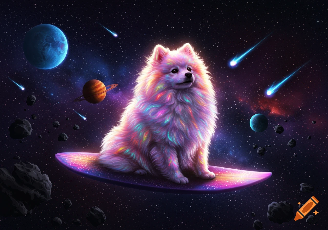 A fluffy, multicolored psychedelic spitz dog sits on a glowing surfboard-like object, floating in space among planets and meteors.