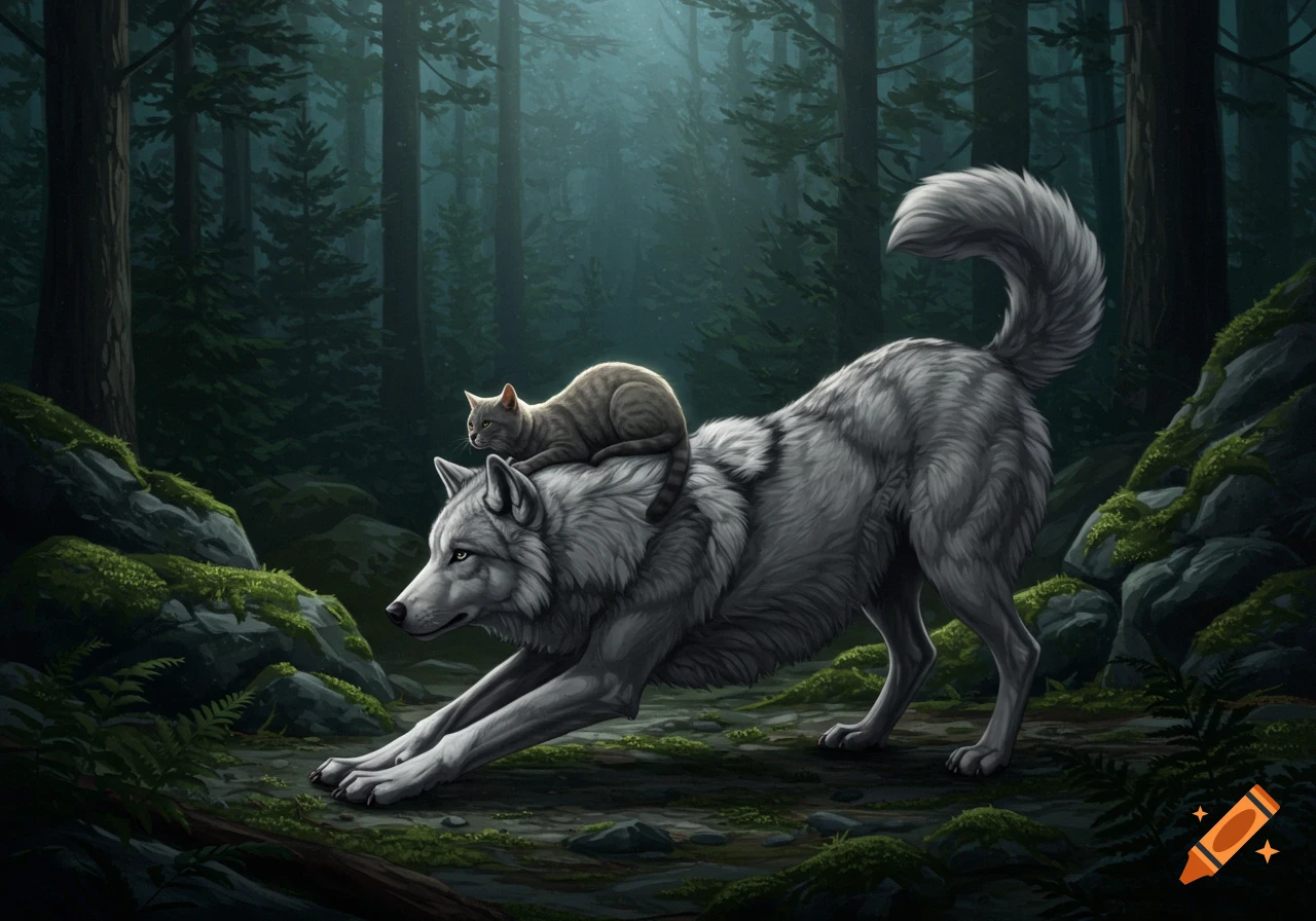 A gray wolf stretches like a cat in a dark, mossy forest with a tabby cat sitting on its head, in an illustrative style.