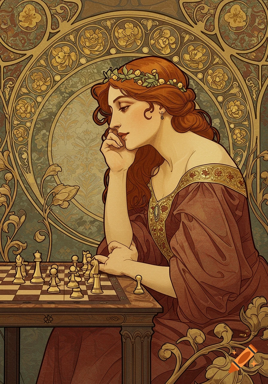 Art Nouveau portrait of a pensive woman with red hair playing chess, against an ornate floral background.