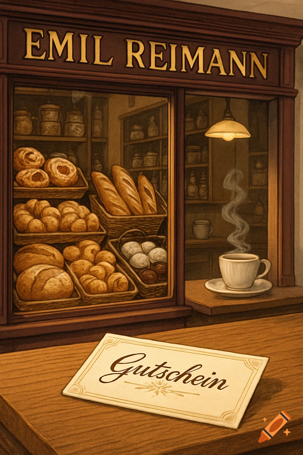 An illustrated bakery storefront with baskets of bread and pastries. A steaming cup of coffee sits on a ledge, and a voucher on a wooden table.