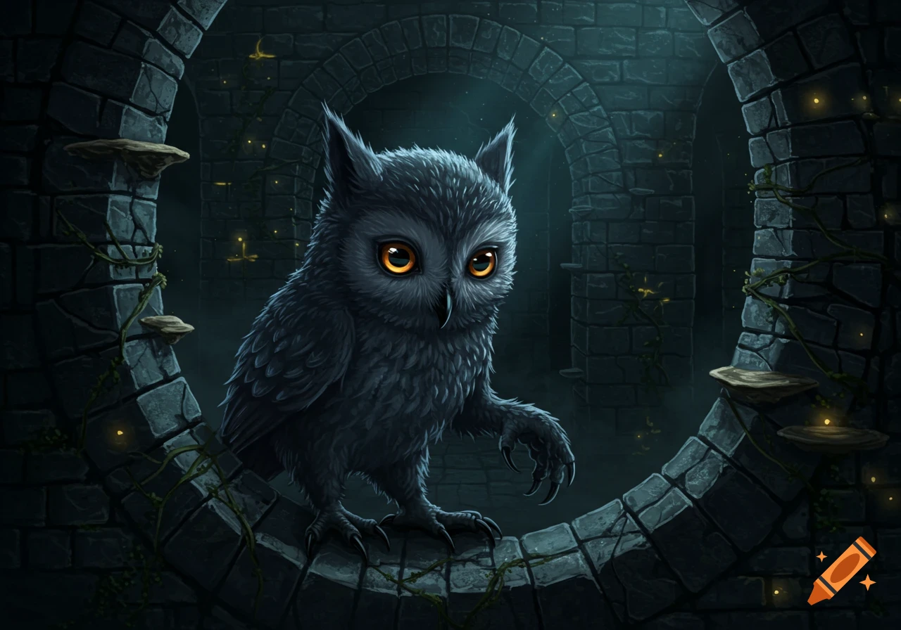 A small, wolf-like owl with large orange eyes peeking from dark stone archways in a fantasy labyrinth, illuminated by small glowing lights.