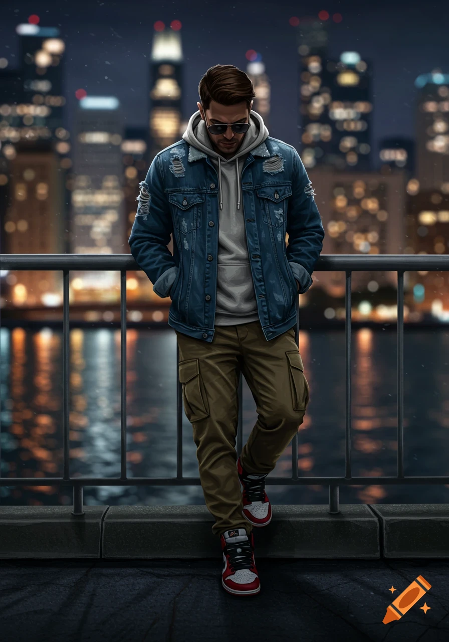 A stylish man in a denim jacket and cargo pants leans on a railing against a blurred, glowing night cityscape, digital art.