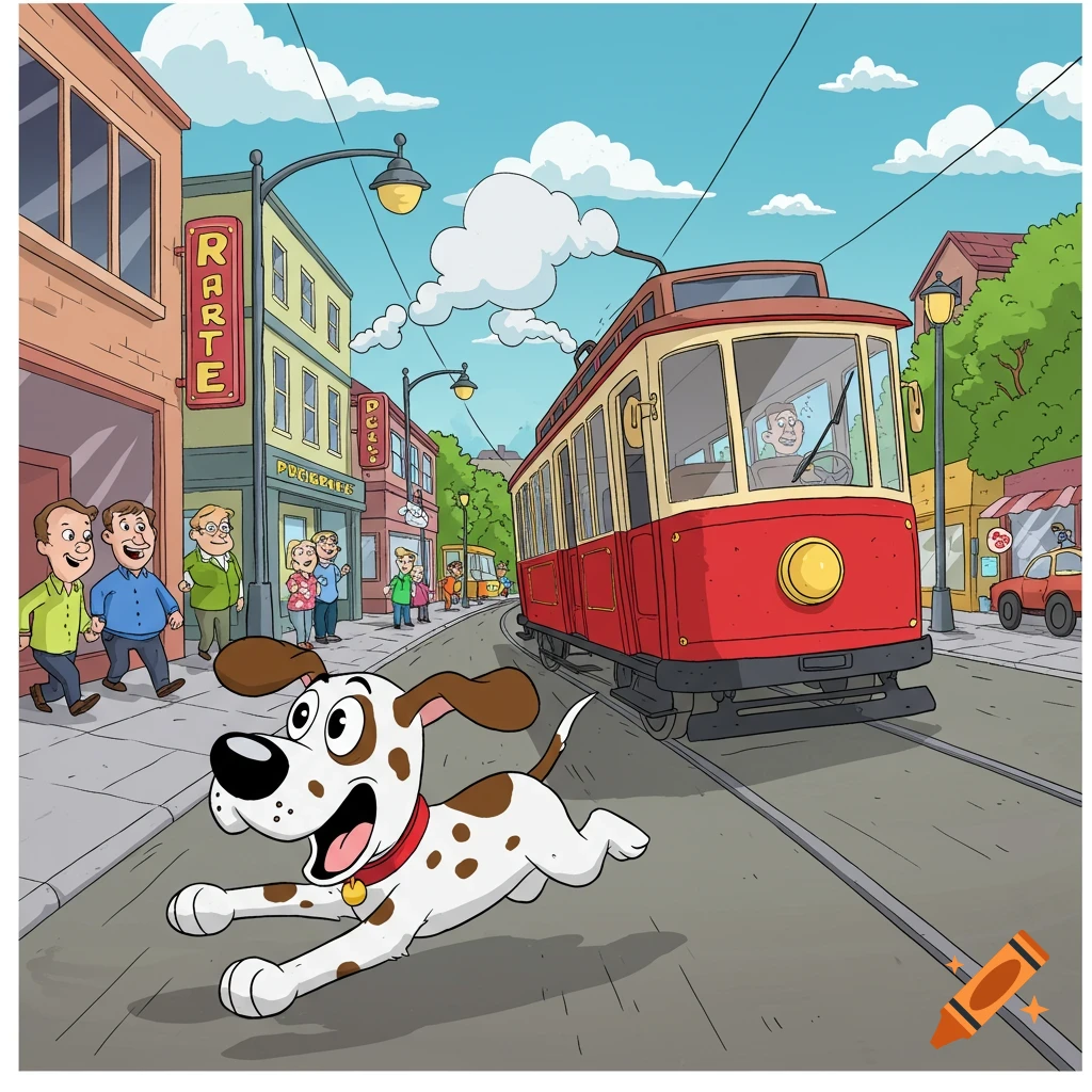 Cartoon of a happy spotted dog chasing a red trolley car down a bustling city street with buildings and people.