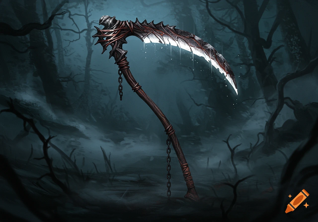 A dark fantasy illustration of a menacing scythe with a glowing, jagged blade and chains on its handle, in a foggy forest.