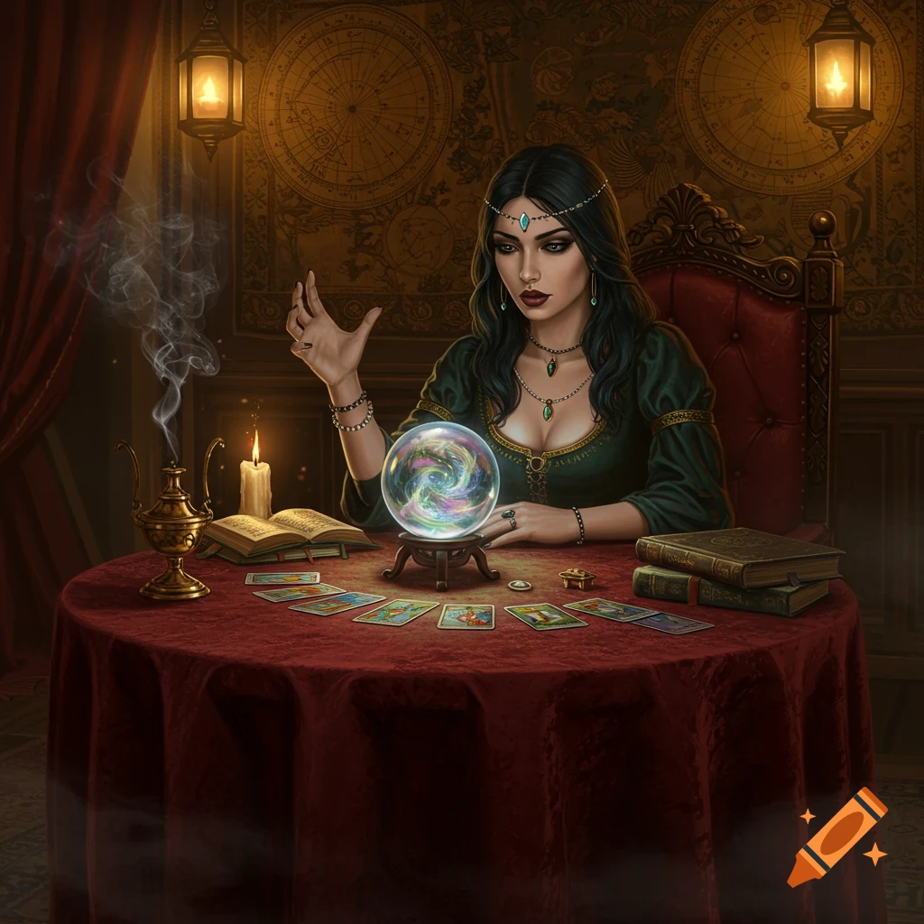 A dark-haired fortune teller in a green dress gazes into a glowing crystal ball on a red table, surrounded by books, candles, and tarot cards in a mystical room.