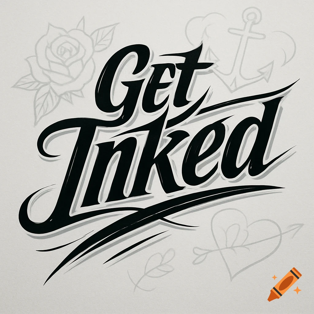 A black stylized typographic logo reading 'Get Inked' with subtle line art of a rose, anchor, and heart in the background.