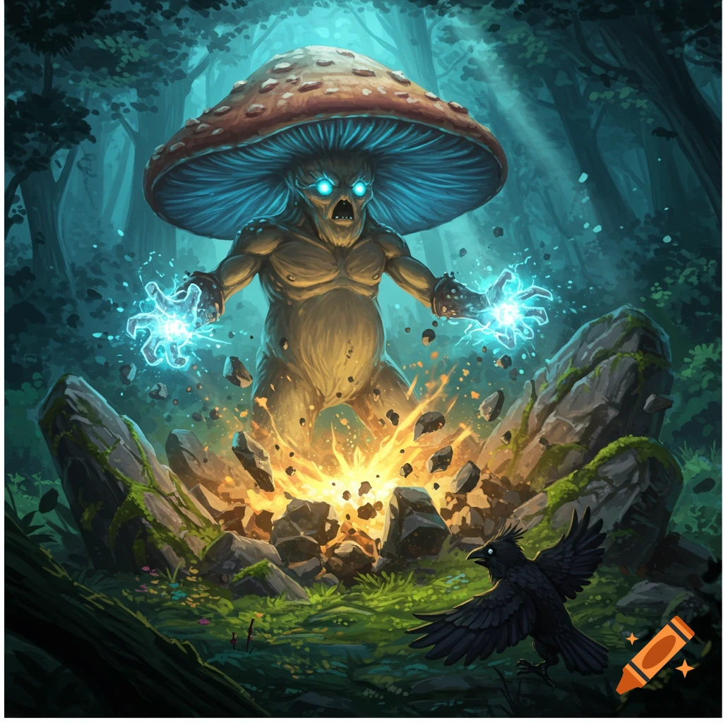 A powerful mushroom creature with glowing eyes and hands erupts from the ground in a dark forest as a crow watches. Digital art.