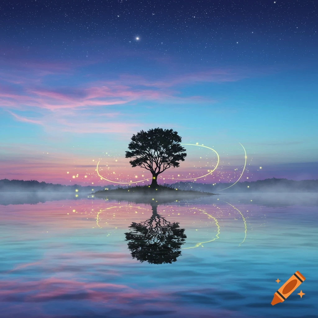 A solitary tree on a misty island in reflective water under a starry twilight sky with glowing light trails.