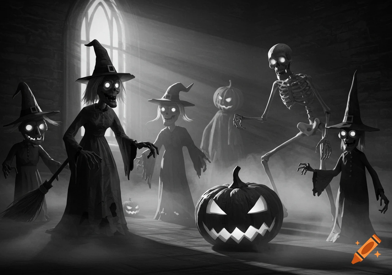 Spooky black and white scene with witches, skeletons, and jack-o'-lanterns in a misty, dark room.