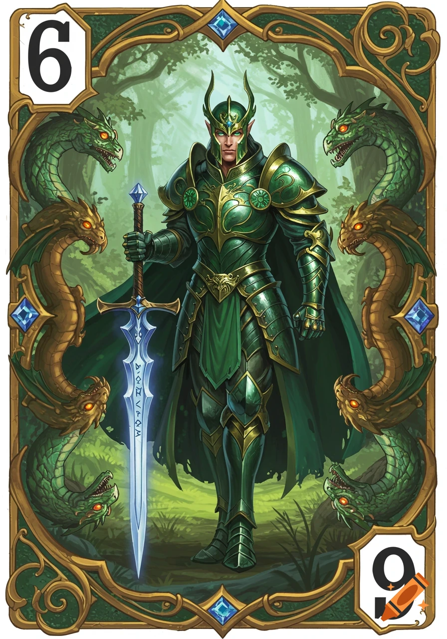 A fantasy playing card featuring an elf in ornate green and gold armor, holding a glowing sword, flanked by green dragons.