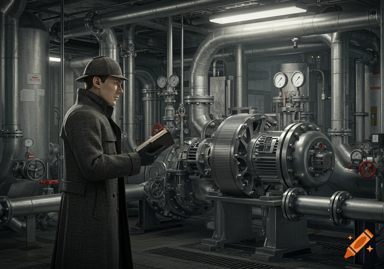 A man resembling Sherlock Holmes inspects a large centrifugal pump in a vast industrial plant, illuminated by overhead lights.