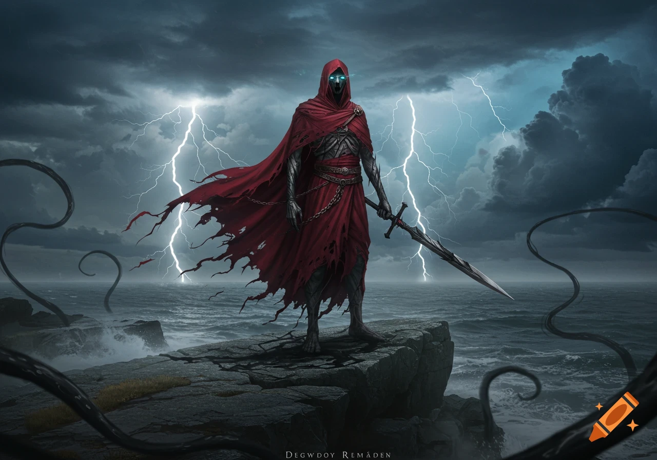 A dark, cloaked figure with glowing eyes and a torn red robe stands on a rocky cliff by a stormy sea, holding a large sword as lightning flashes.