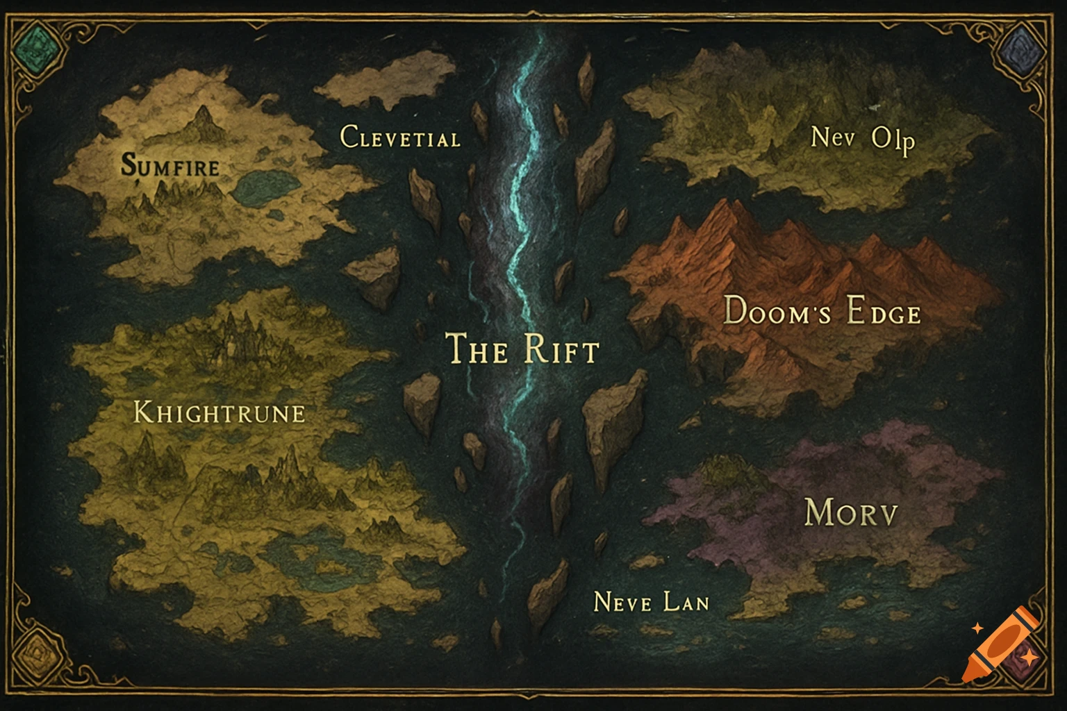 A high-contrast fantasy world map with continents named "The Rift", "Doom's Edge", "Morv", "Knightrune", "Clevetial", "Nev Olp", "Neve Lan", and "Sumfire", on a dark background with a teal glowing rift.