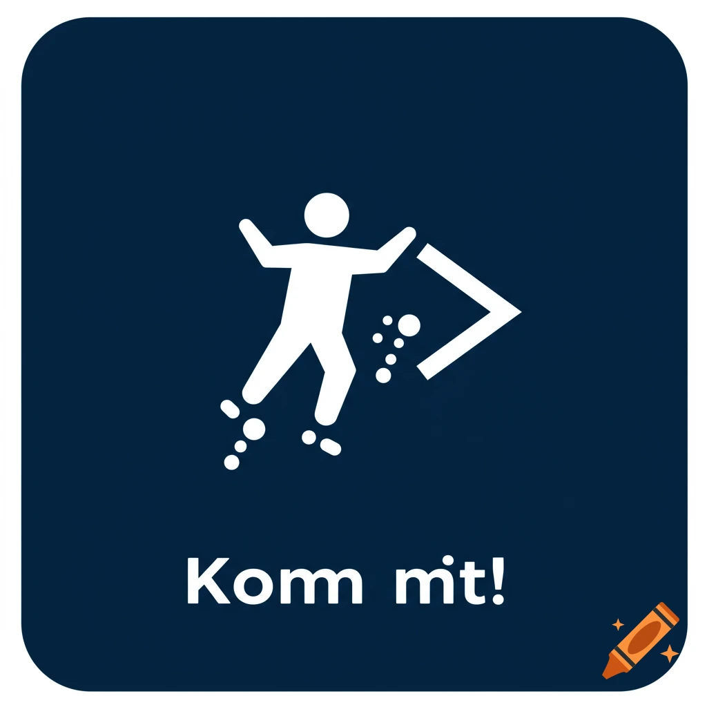 A dark blue pictogram with a white stick figure being pulled by an arrow and the text 'Komm mit!' (Come along!) below it.