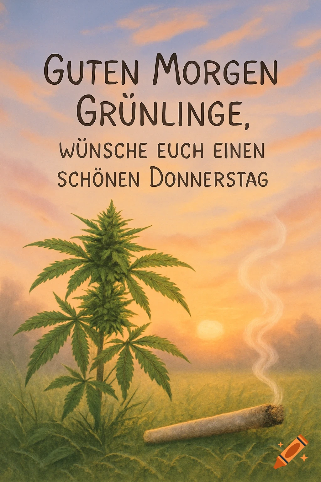 A cannabis plant and a smoking joint in a field at sunrise, with German text 'Good morning greenlings, wishing you a nice Thursday'.