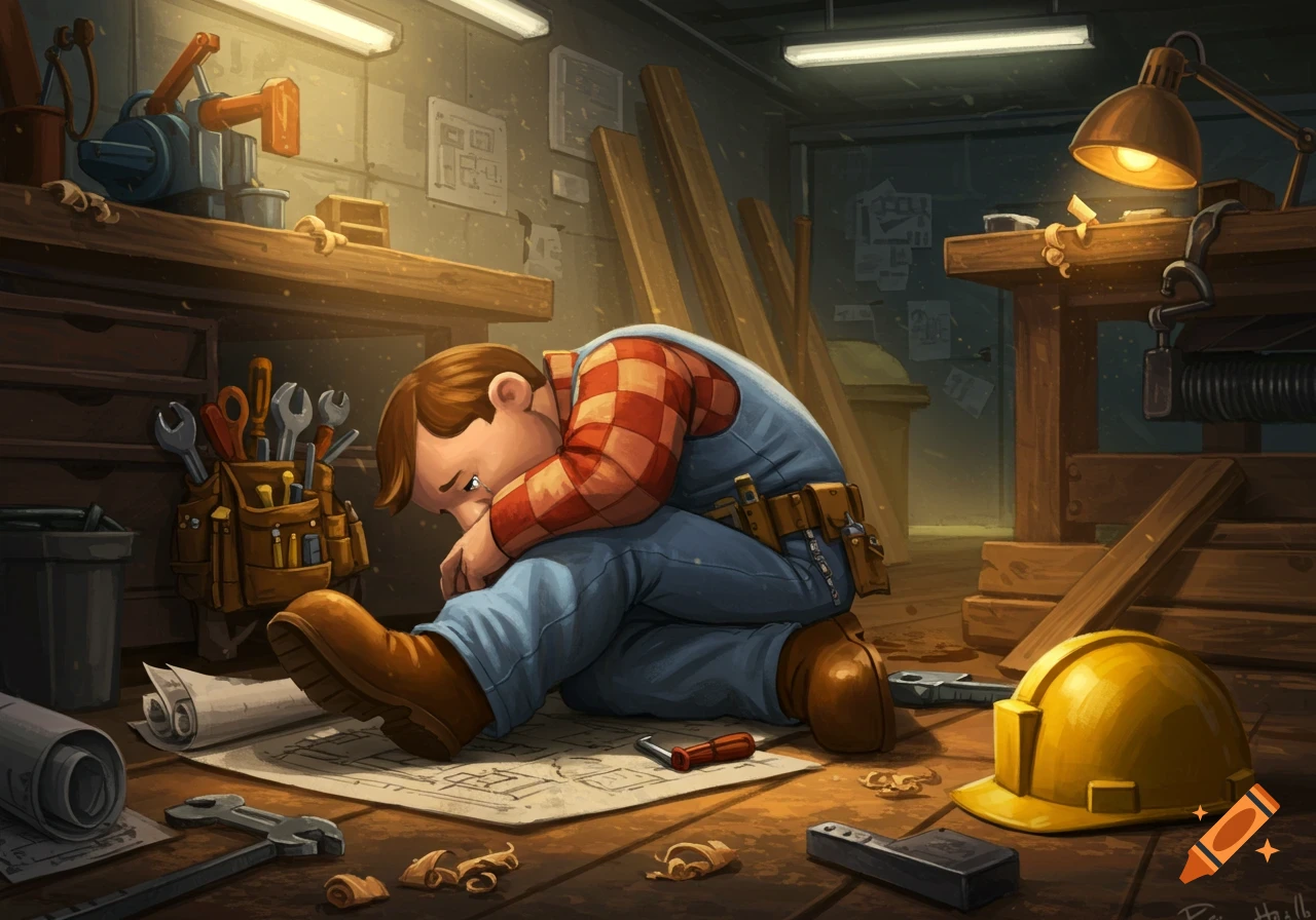 Cartoon illustration of Bob the Builder crying and curled up on the floor of his workshop, surrounded by tools and blueprints.