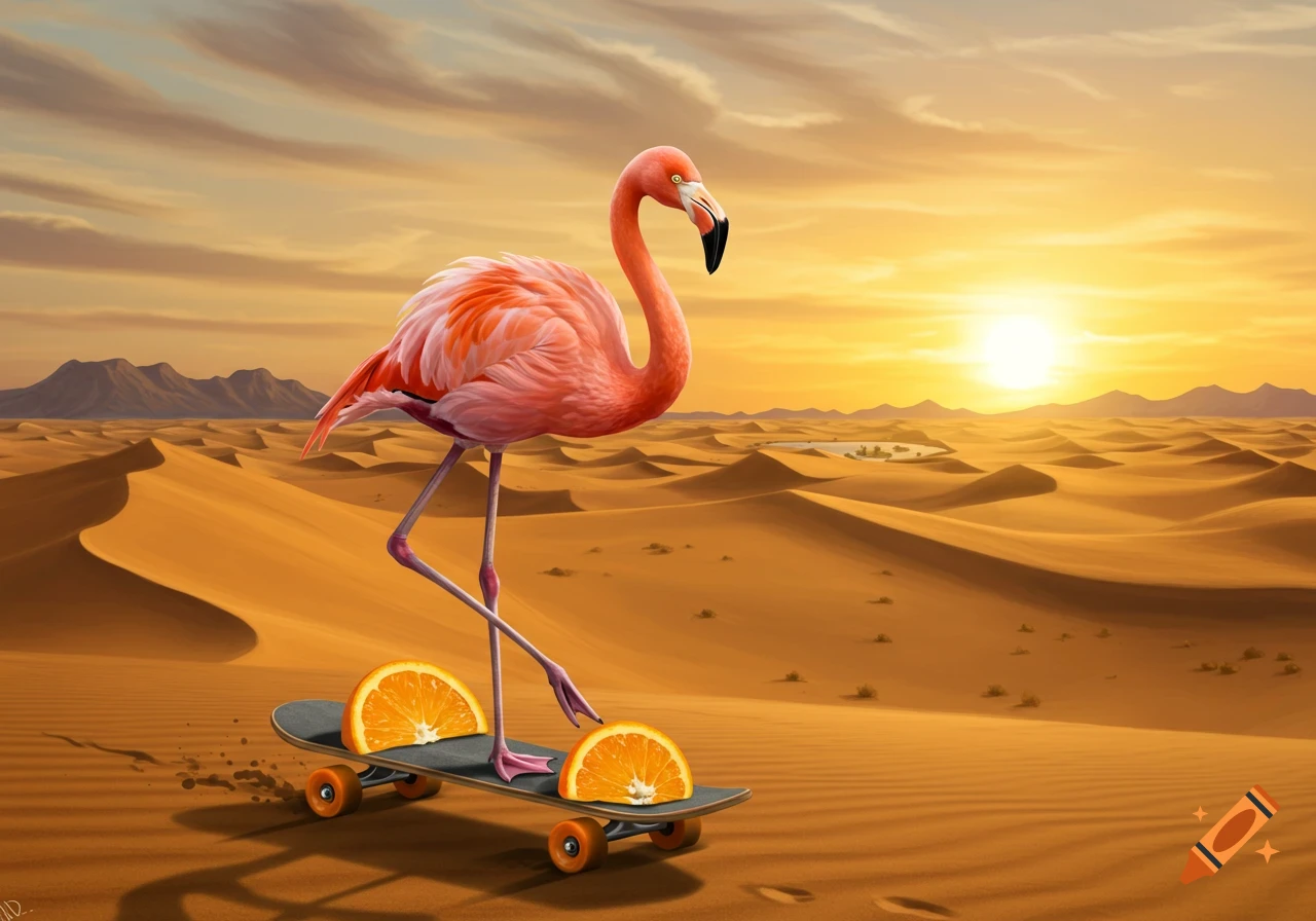 A pink flamingo rides a skateboard with orange slice wheels across a golden desert landscape at sunset.