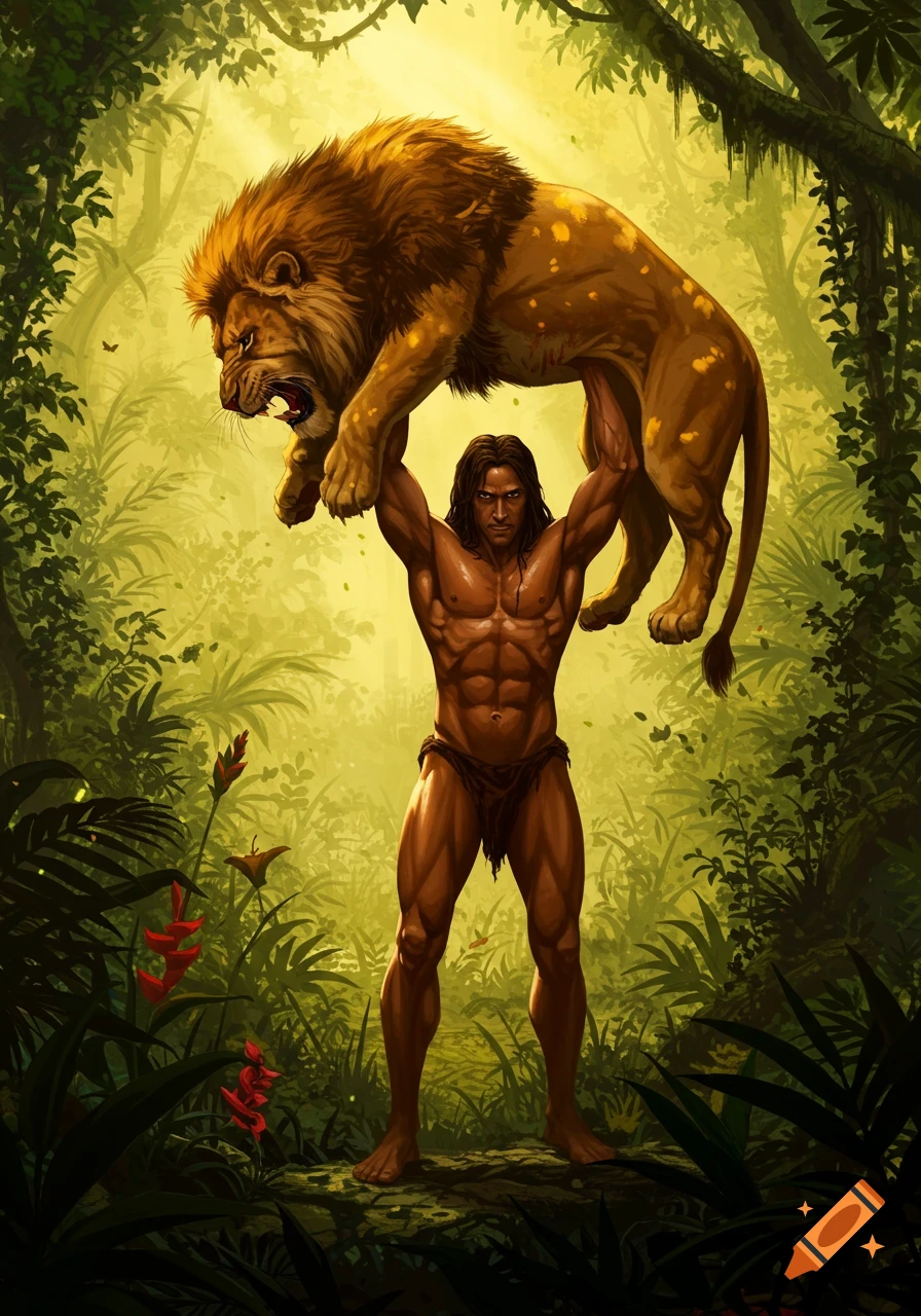 A muscular man in a loincloth triumphantly lifts a roaring lion overhead in a vibrant, lush jungle.