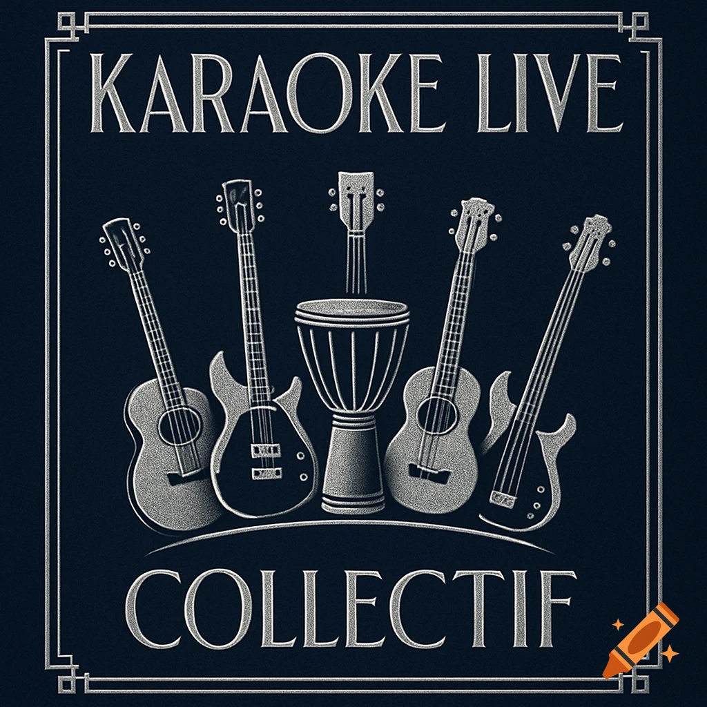 Art Deco logo in dark blue and silver featuring 'KARAOKE LIVE' and 'COLLECTIF' text, with five musical instruments in an arc.