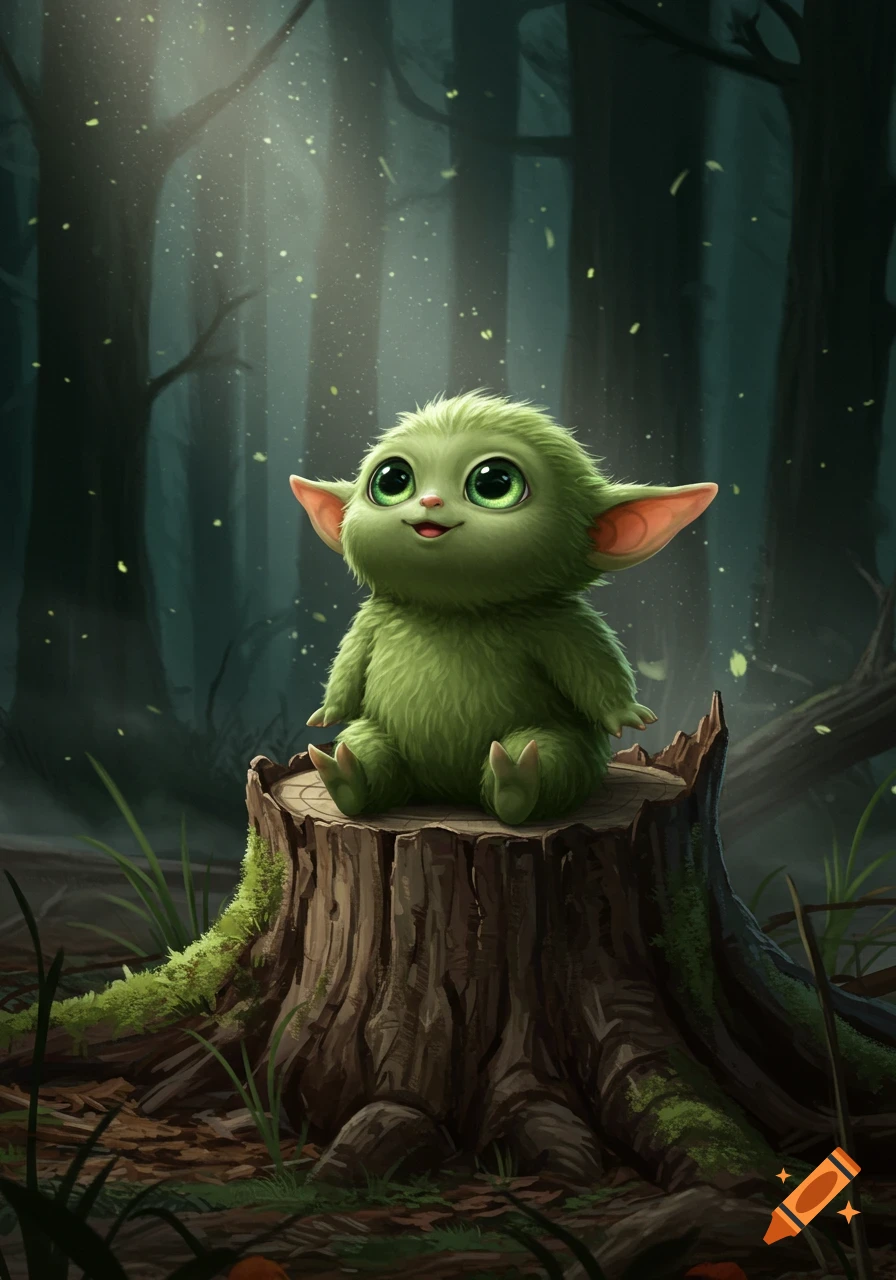 A cute, fluffy green creature with big eyes sits on a mossy tree stump in a dimly lit forest.