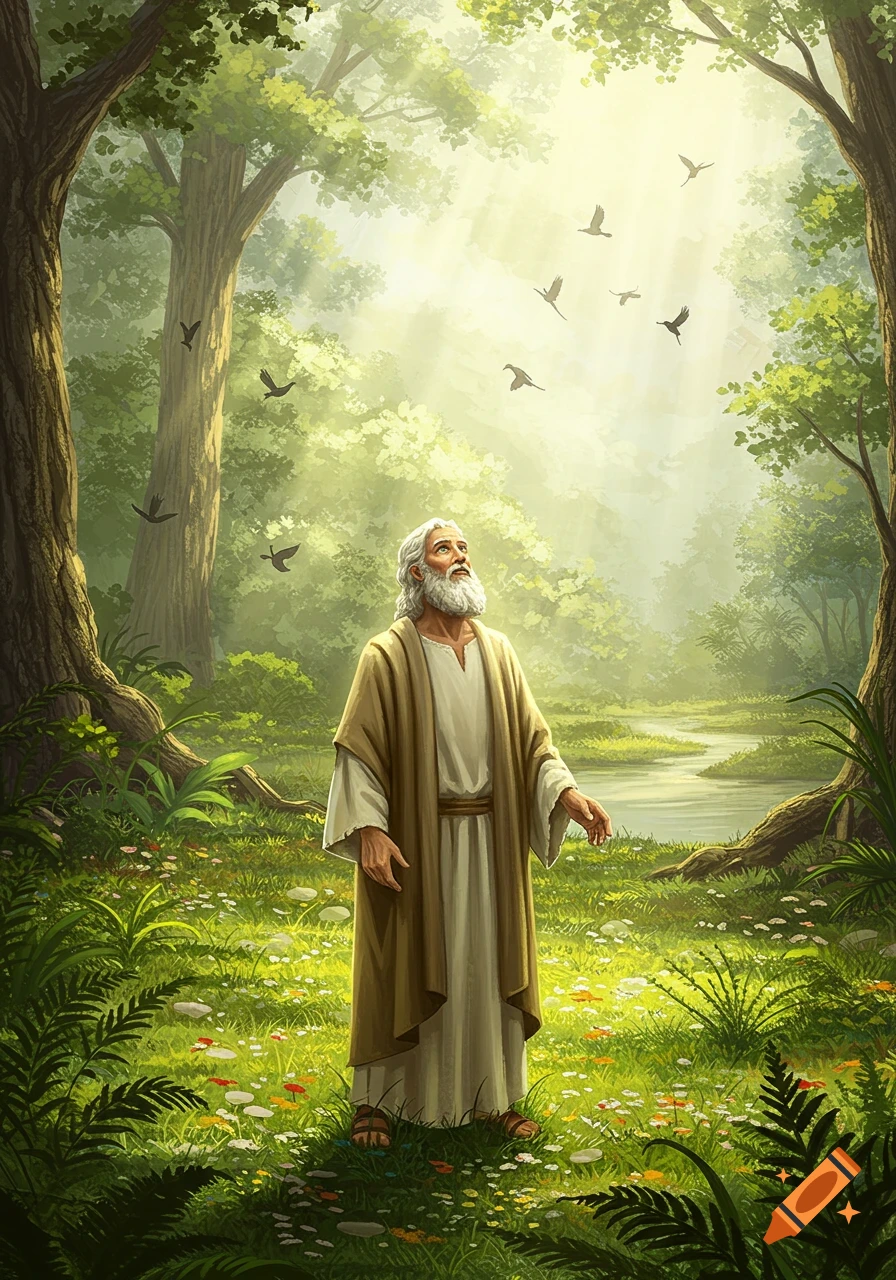 An old bearded man in robes looks heavenward in a lush, sun-drenched forest with birds.