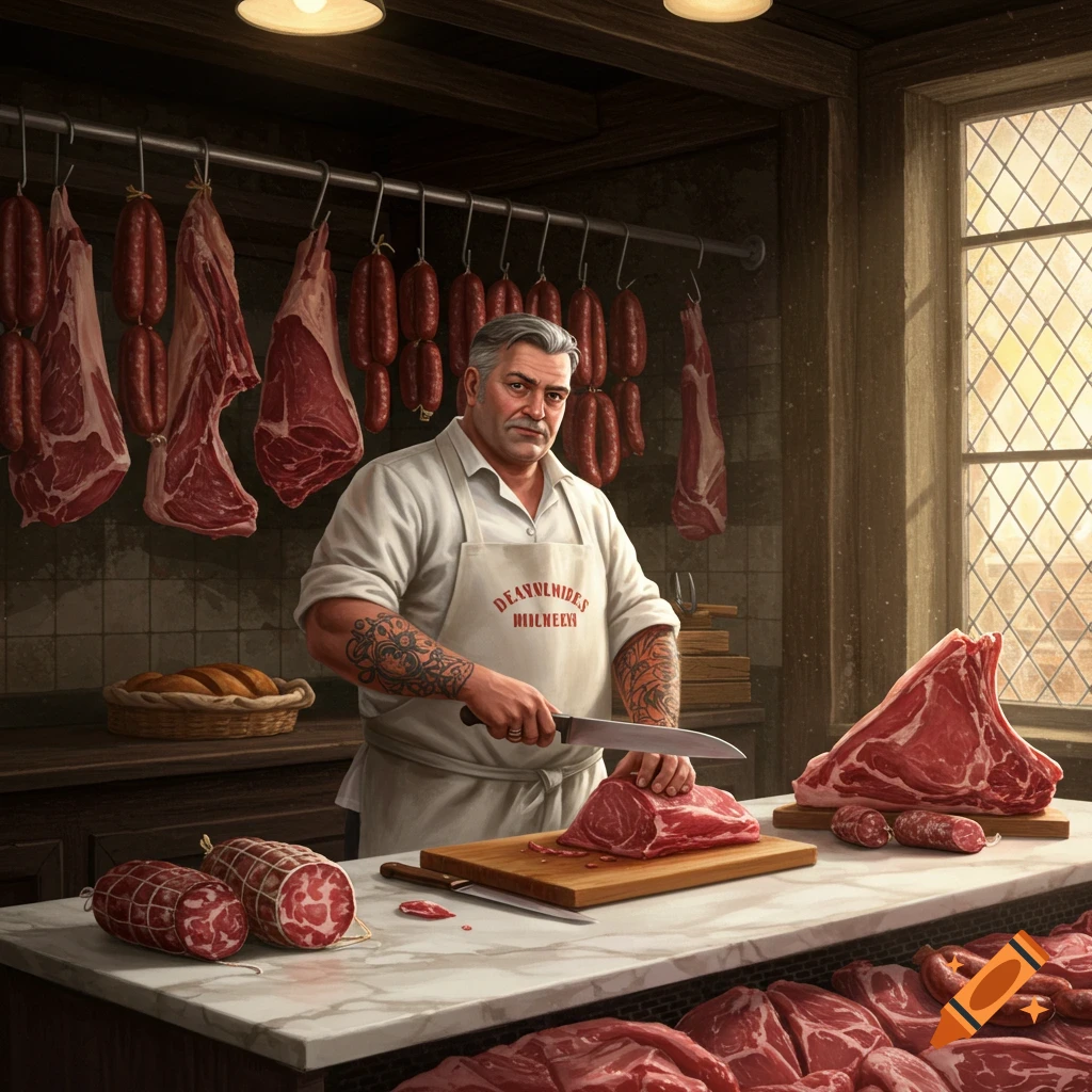A photorealistic image of a butcher cutting meat in a rustic butcher shop, surrounded by hanging meats and sausages.