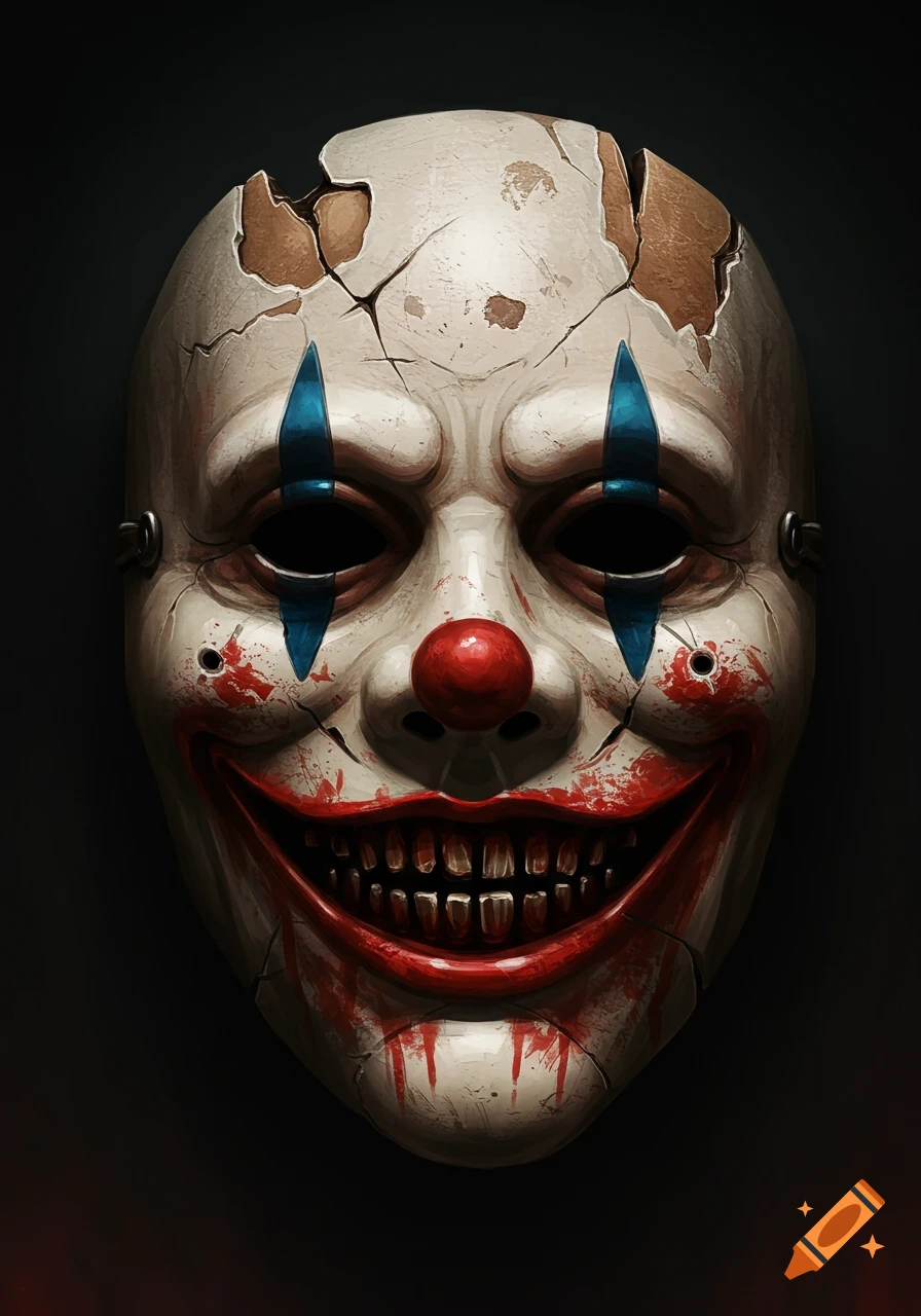 A cracked, creepy clown-like mask with blue markings, a red nose, a wide red-painted smile, and decaying teeth against a dark background.