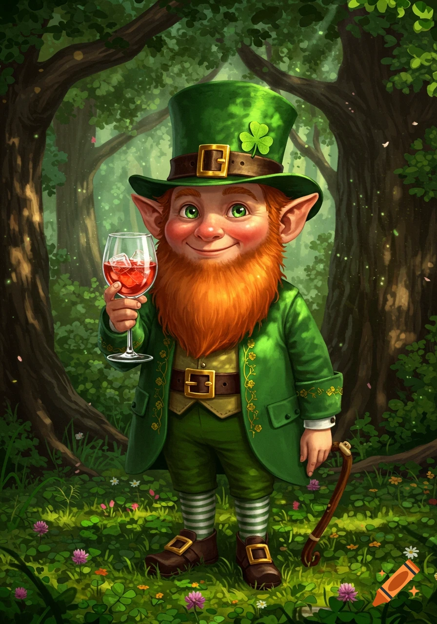 A smiling leprechaun with a red beard and green suit holds a glass with a red drink in a magical forest, detailed illustration.