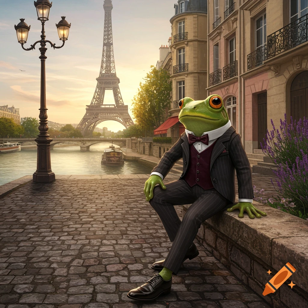 A dapper frog in a suit sits on a stone ledge on a Parisian cobblestone street, with the Eiffel Tower and Seine River at sunset.
