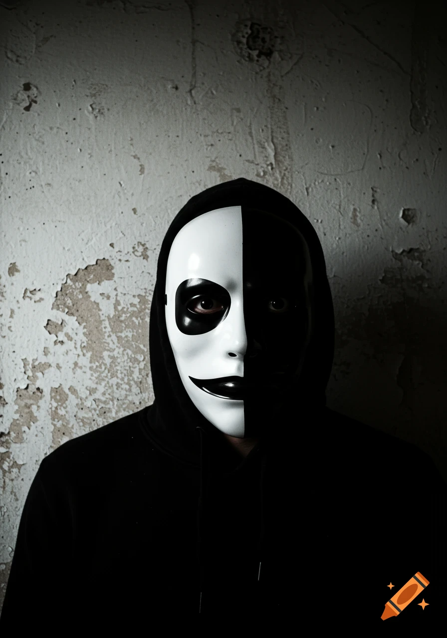 A person in a black hoodie wears a half-white, half-shadowed mask, standing against a dirty, peeling wall.