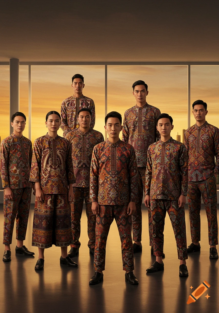 A group of diverse Asian individuals stand in a modern room, wearing matching ornate patterned brown, red, and gold uniforms.