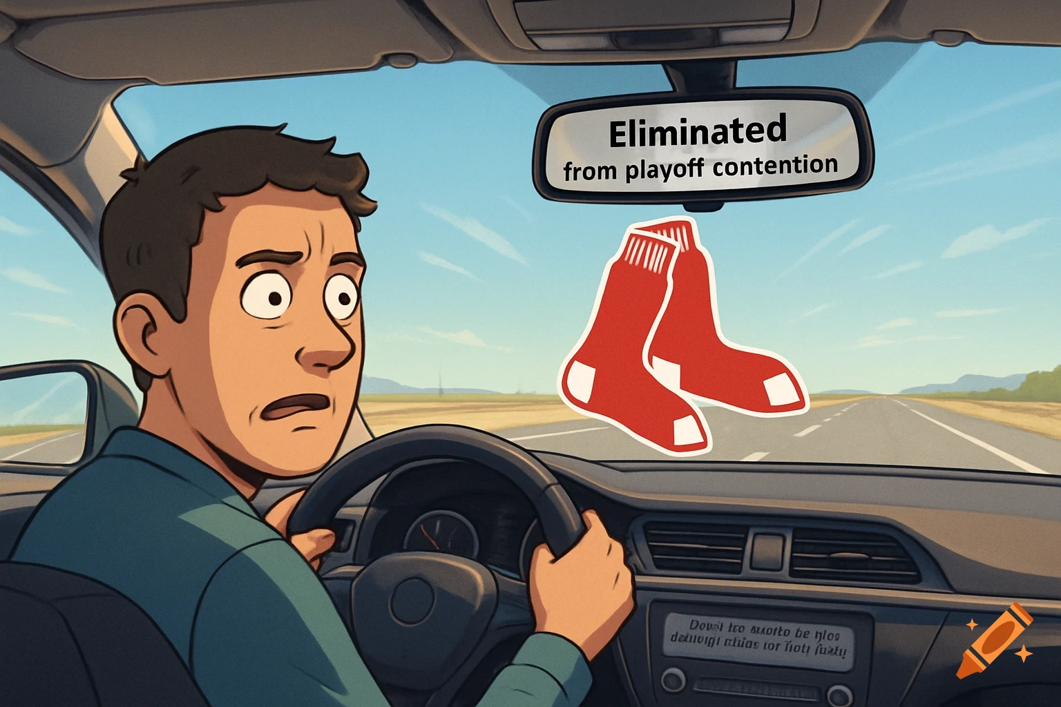 A cartoon man in a car looks shocked. His rear-view mirror shows 'Eliminated from playoff contention,' and two red socks float in the windshield.