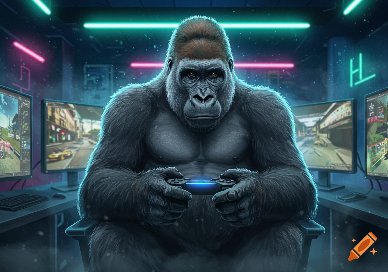 A serious gorilla gamer holds a glowing controller in a dark, neon-lit room with multiple screens showing video games.